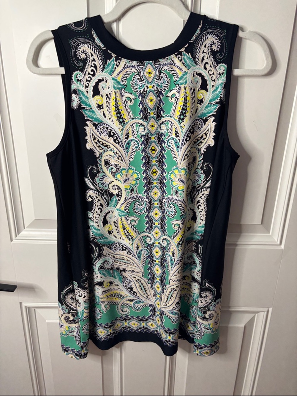EUC Apt. 9 Black Tank with Teal, Navy & Yellow Paisley Front